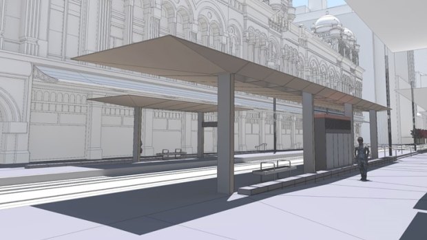 An artist's impression of the proposed shelters outside the QVB on George Street.