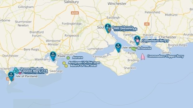 CruiseMapper shows the location of cruise ships off the south coast of Britain.