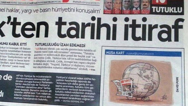 David Pope's cartoon on the front page of Cumhuriyet, in the panel where the work of the paper's cartoonist Musa Kart should appear.