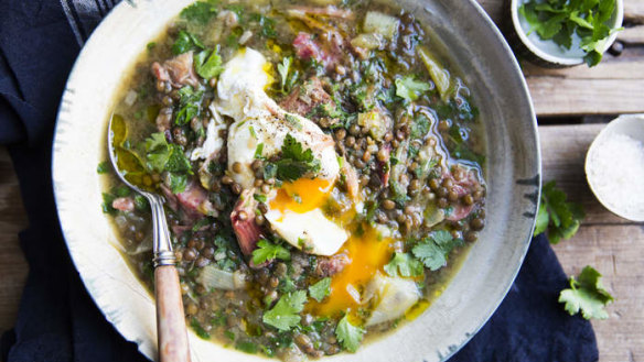 Karen Martini puts a new spin on pea and ham soup with lentils and a poached egg.