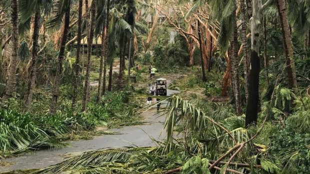 The marina at Hamilton Island the day after Cyclone Debbie struck, with trees felled and boats askew.