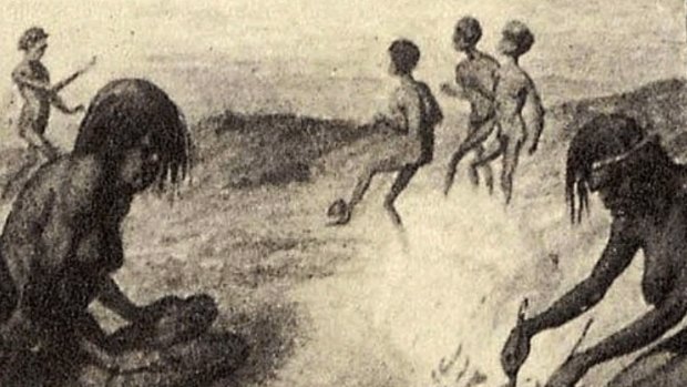 Detail of the Indigenous game "marn grook" from a drawing by Gustav Mutzel in Berlin, 1862, based on William Blandowski's 1857 observations of a scene near Merbein in Victoria. 