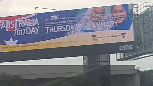 This Australia Day billboard featuring two young girls in hijab was removed after backlash and a number of threats. 