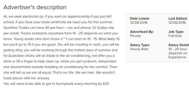 The Gumtree job ad is light on pay but heavy on sexism. 
