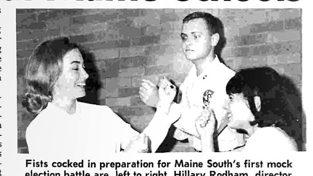A newspaper clipping from the Maine South High School newspaper shows Hillary Rodham participating in the mock election. 