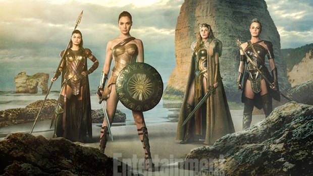 Wonder Woman (Gal Gadot), Queen Hippolyta (Connie Nielsen) and aunts Antiope (Robin Wright) and Menalippe (Lisa Loven Kongsli). 