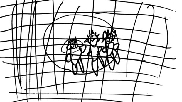 "My dad, me and my mum behind the fence at Nauru." A drawing from a six-year-old boy included in The Health and Wellbeing of Children in Immigration Detention report.