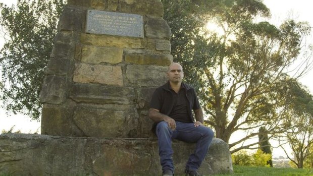 Gunaikurnai man Rob Hudson at a cairn commemorating Angus Mcmillan in Bairnsdale.
