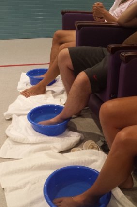 Road to recovery: Patients soak their feet in hot water to alleviate the pain caused by the stingray's barbed tail at St Vincent's.