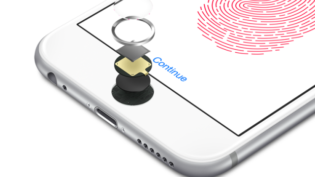 The iPhone 6s home button showing its Touch ID hardware.