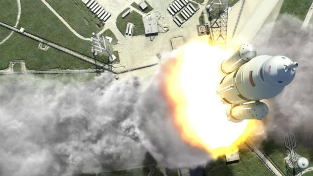 Space Launch System, a NASA rocket designed by Boeing that will be intended for deep-space exploration to near-Earth asteroids, the moon and even Mars, is depicted in this rendering. The first flight test of the $2.99-billion rocket is scheduled for 2017.