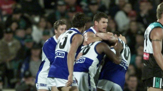 2002 AFL (Australian Football League) - Round 1 -  Kangaroos    versus  Port Adelaide   -  Ground    Football Park    SPECIAL 001 AJW 30/3/02.  To The Suday Age.  Nth Melbourne vs Pt Adelaide at football park,  Adelaide.

Anthony Stevens.  Pic Angela Wylie