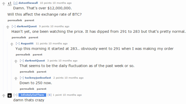 Reddit users discuss the fluctuating Bitcoin price after criminals running the Evolution drug marketplace ran off with everyone's money.