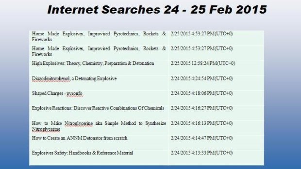 A list of internet searches said to have been done by the boy.
