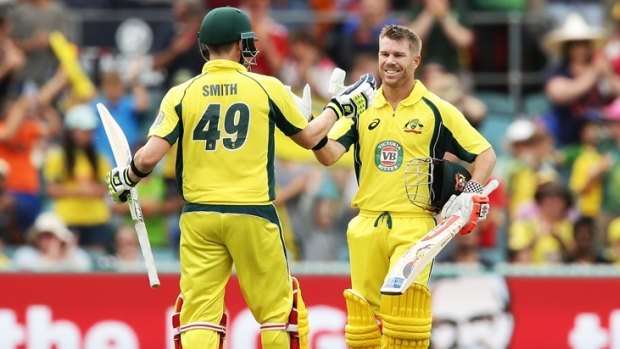 David Warner celebrates his 10th ODI century during Australia's win over New Zealand at Manuka Oval in Canberra on December 6.