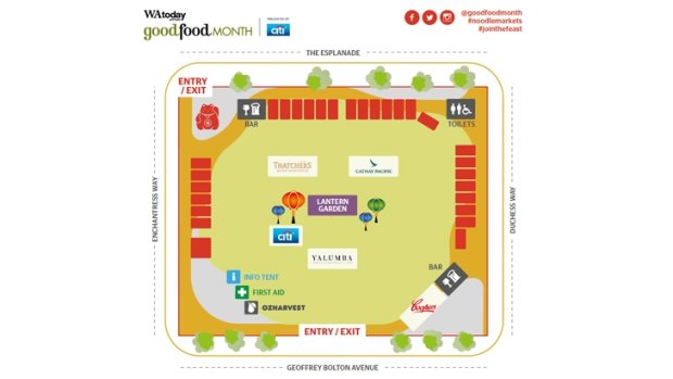 A detailed map of the Night Noodle Markets at Elizabeth Quay.