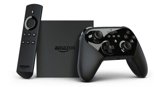 Amazon's Android-powered Fire TV media player, compatible with a Bluetooth remote and gaming controller.