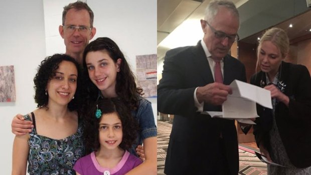 Left: Perth woman mother-of-two May Ali, her husband Dr John Bussell, and daughters Nadine, 14, and Anya, 11. Right: Lucy Strapp, hands a letter to the PM Malcolm Turnbull asking him to help save May's life.