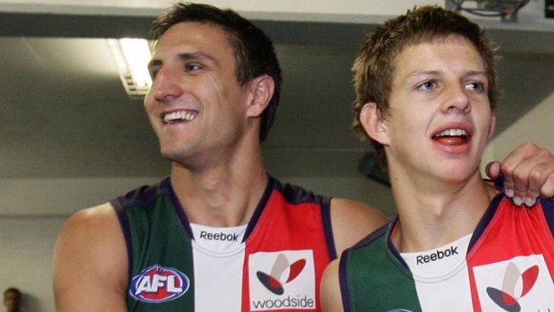 Matthew Pavlich with Nat Fyfe after his first game with the Dockers back in 2010.