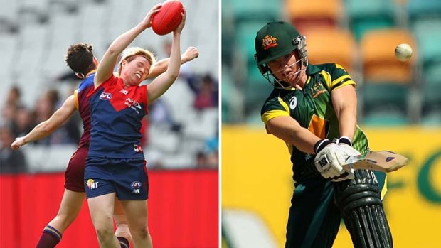 Jess Cameron in action for the Dees in the AFL and for the Southern Stars, Australia's national cricket team.