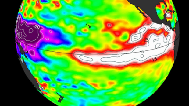 The El  Nino near its height at the end of 2015, with unusually warm surface temperatures in the central and eastern equatorial Pacific.