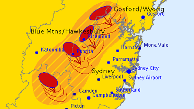Storm cells line up west of Sydney.