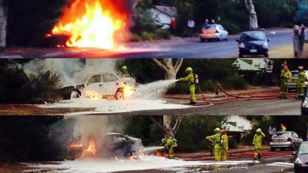 A local resident captured these pictures of a car on fire in Dryandra St, O'Connor. The car caught fire after being struck by lightning.