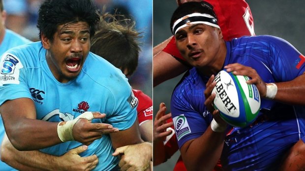 Sibling combo?: Will Skelton in action for the Waratahs (left) and his younger brother Cameron (right) playing for Samoa.