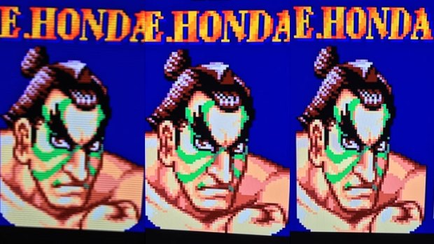 Close-up shots of <i>Street Fighter II</i>, taking on an LG OLED television, show the differences between CRT Filter, 4:3 and Pixel Perfect modes.