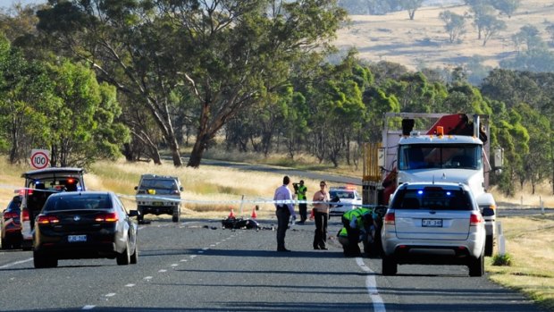 Scene at the  fatal collision on the Monaro Highway involving a motorcycle and truck.  