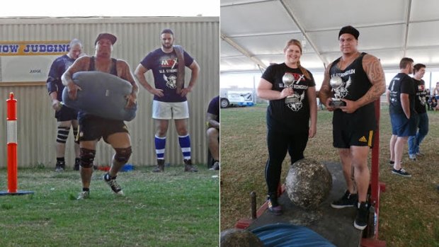 (L-R) Rongo Keene in action, and with WA Strongwoman, Asha Tracey, at the Perth Royal Show.