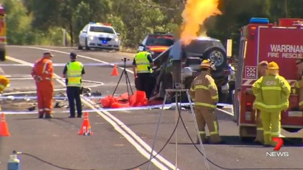 Emergency services at the scene of the crash on the Glenelg Highway at Tarrington.