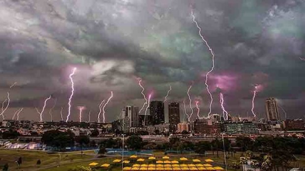 A multiple exposure picture of lightning striking Sydney's skyline, which was compiled on Wednesday.