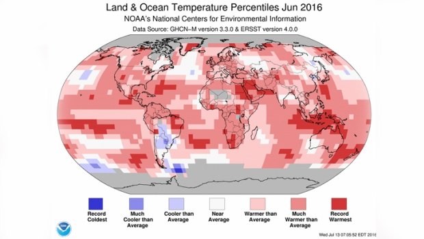Land and ocean temperatures for June 2016.