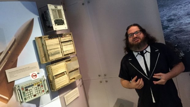 Two of the coolest things in the Computer History Museum: an Apollo guidance computer and museum curator/tour guide Chris Garcia.