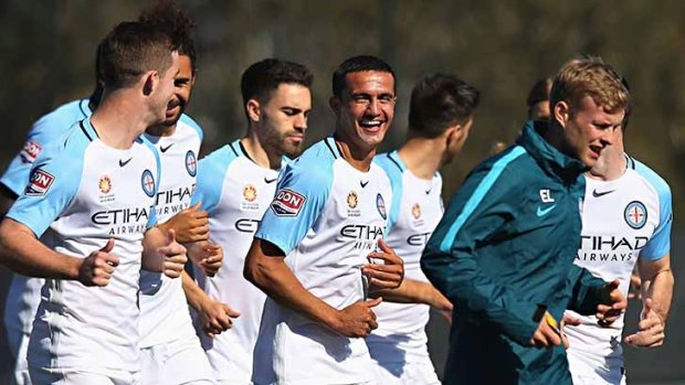 Tim Cahill trains with his Melbourne City teammates.