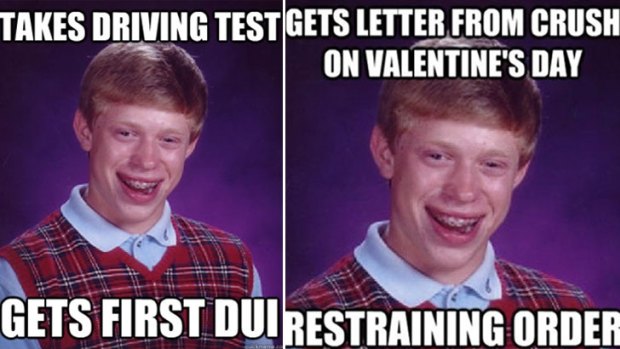 The first Bad Luck Brian meme on the left, and one of the hundreds of follow-up memes posted online.