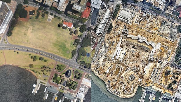 The Perth city foreshore in December 2011 (left) - and how it looked in April 2015, with construction of Elizabeth Quay well and truly underway.
