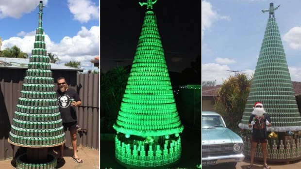 Wesley Boyd and his 4.4 metre high Christmas tree made entirely from VB cans.