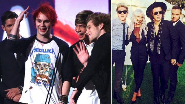 Tressed for success: 5 Seconds of Summer at the ARIA Awards (left), and One Direction's Niall, Harry and Liam with their personal hairdresser and makeup artist Lou Teasdale.