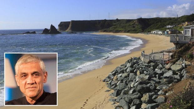 The rocky outcrop called Shark Tooth or the Witch's Hat overlooking Martins Beach, which has been blocked by billionaire and a co-founder of Sun Microsystems Vinod Khosla (inset).