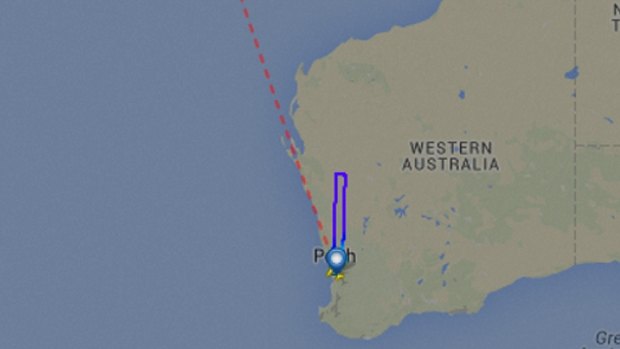 The purple flight path shows how the Garuda plane was forced to turn around and head back to Perth