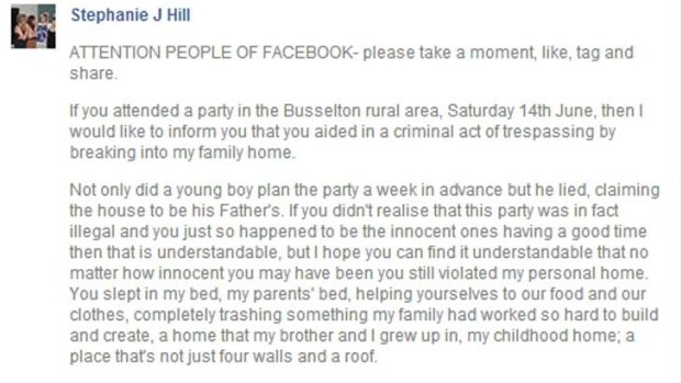 Part of Ms Hill's post on Facebook.