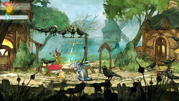 A painterly town of crows in <i>Child of Light</i>.