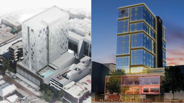 The original artist impression (left) of the hotel which was slammed. On the right, the impression of the new plan.