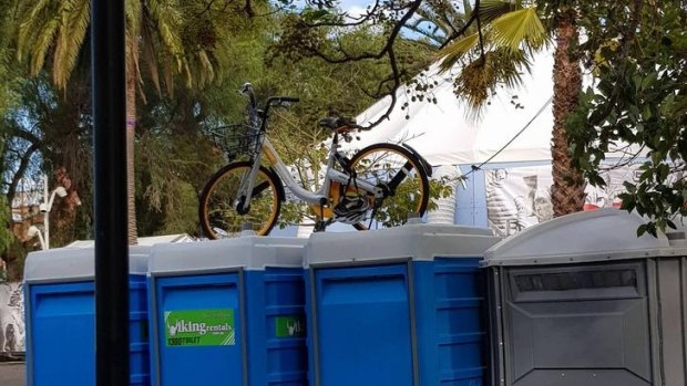 Earlier this year an oBike was left on top of portable toilets in Prahran.