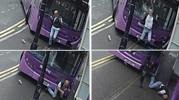 Clockwise from top left: Simon Smith is knocked off his feet from behind as the bus mounts the pavement; the bus's windscreen is shattered by the impact; Mr Smith is thrown forward; he lies prone.
