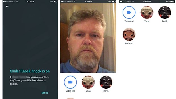 Left: First time you use the app, you're told Knock Knock is enabled. Middle: Launch the app and you see the Video Call button and your most recent calls. Right: Flick up to see a longer list of most recent calls.