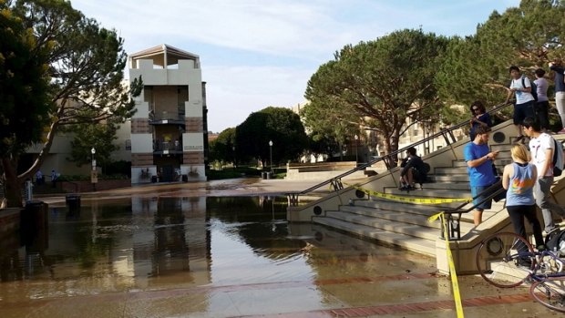 Students at UCLA kill time until the water from a burst main subsides.