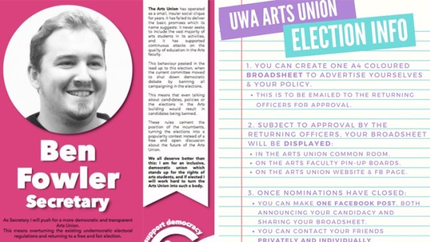 Candidates were restricted to producing a single poster to promote themselves under new rules adopted by the UWA Arts Union.